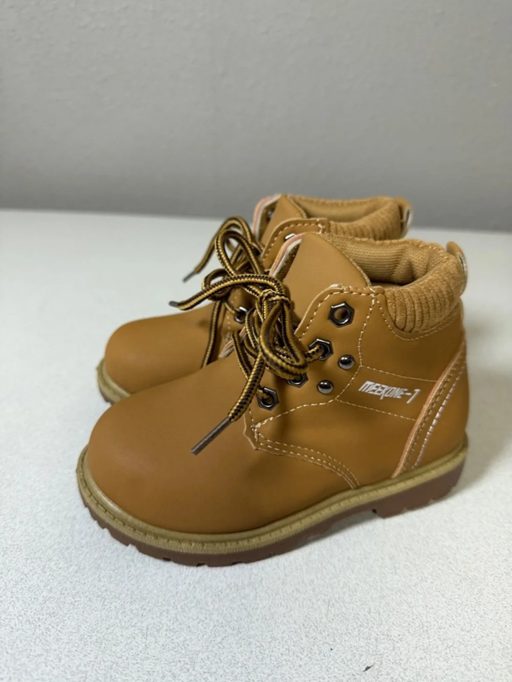 Kids Tan Lace-Up Ankle Boots with Padded Collar
